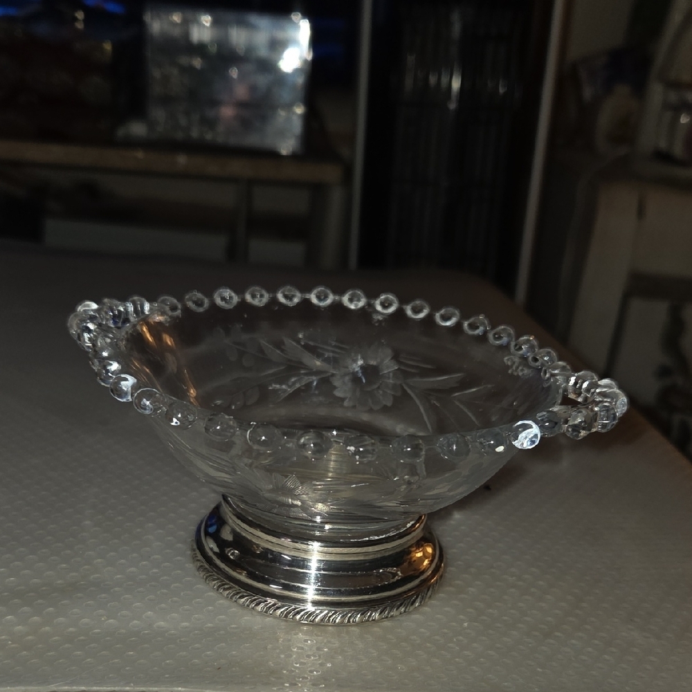 AVAILABLE -Antique Etched Glass 7"  Bowl w/ Sterling Silver Base Marked #1107